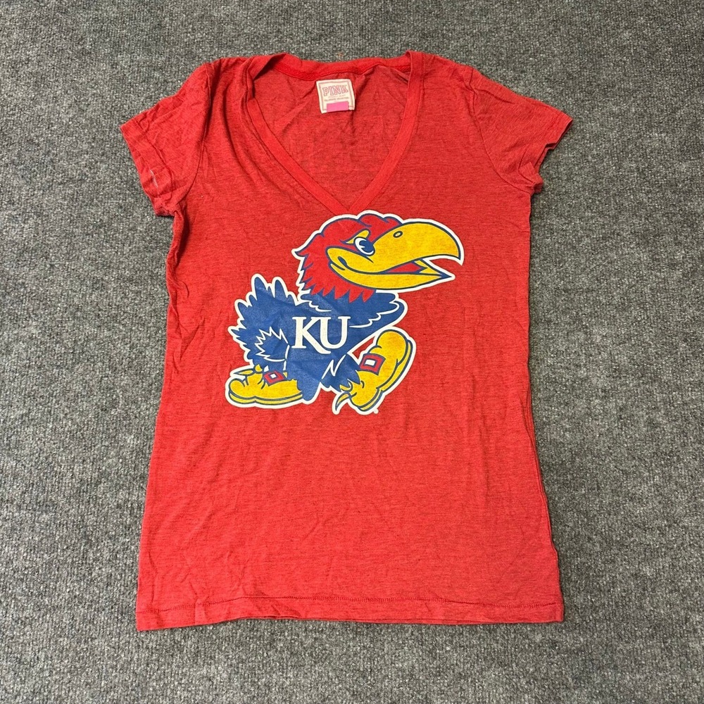 Pink Victoria's Secret T-Shirt Womens Size Medium Red KU Kansas Jayhawks V-Neck